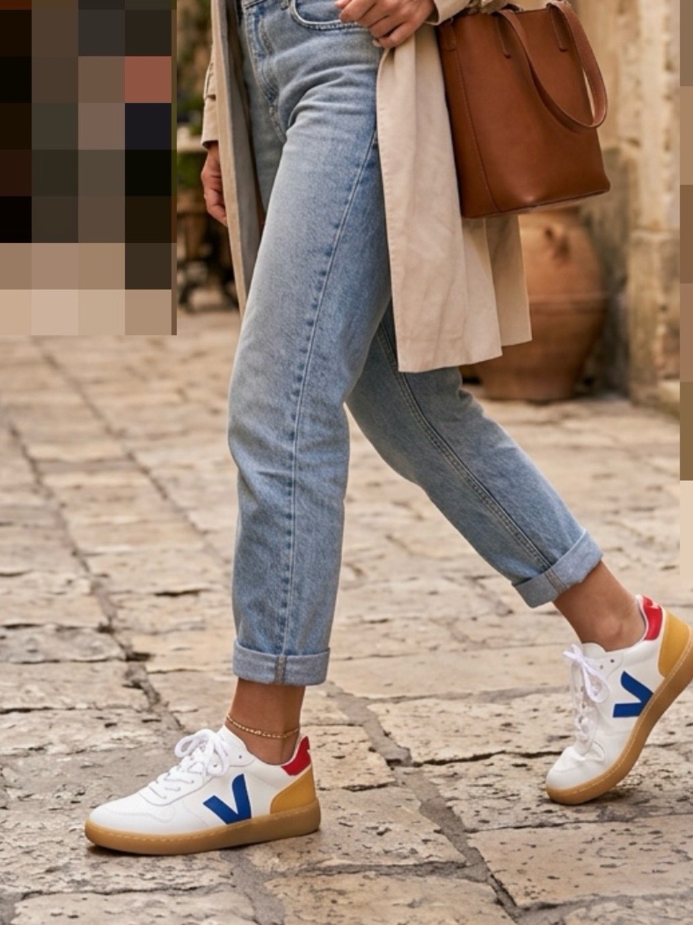 MIA White Sneakers with Blue Chevron, Red Heel Tab and Gum Sole